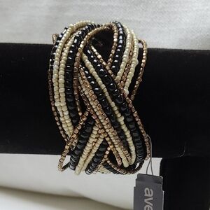 Boho Beaded Flexible Bracelet Black, Cream, and Gold Tone